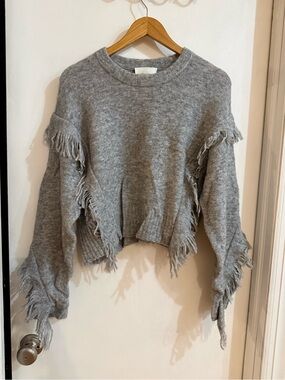 3.1 Philip Lim Fringed Crewneck Sweater in Light Gray